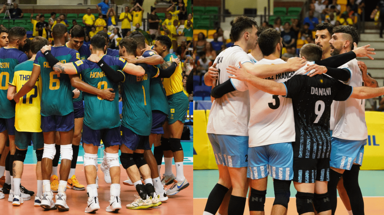À esquerda, jogadores do Brasil; à direita, jogadores da Argentina (foto: Mauricio Val/FVImagem/CBV)