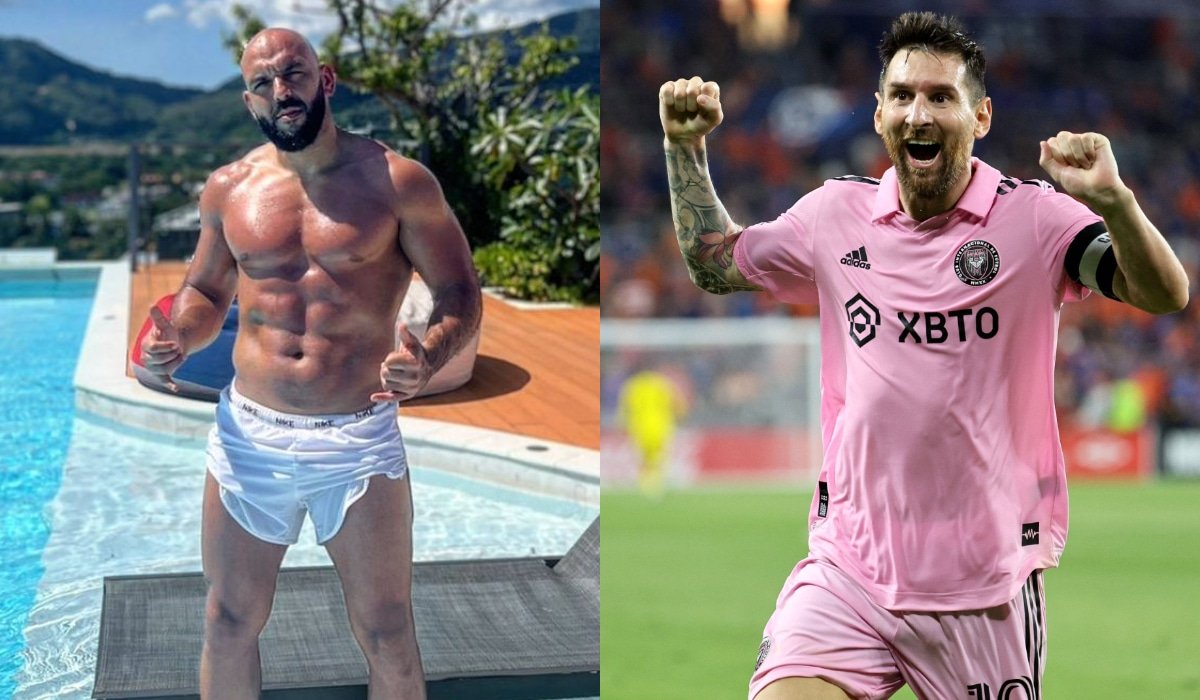 Yassine Chueko (direita) e Lionel Messi (esquerda) (foto: Reprodução e Andy Lyons / AFP)