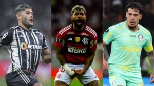 Hulk, Gabigol e Gustavo Gómez são jogadores de Atlético, Flamengo e Palmeiras, respectivamente - Crédito: 
