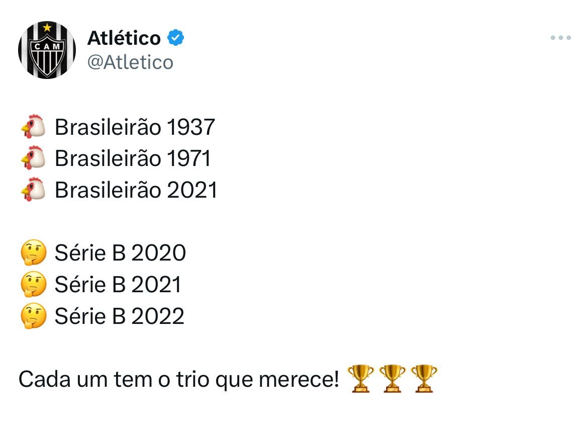 Tweet feito pelo Atlético rebatendo provocação do Cruzeiro (foto: Reprodução)