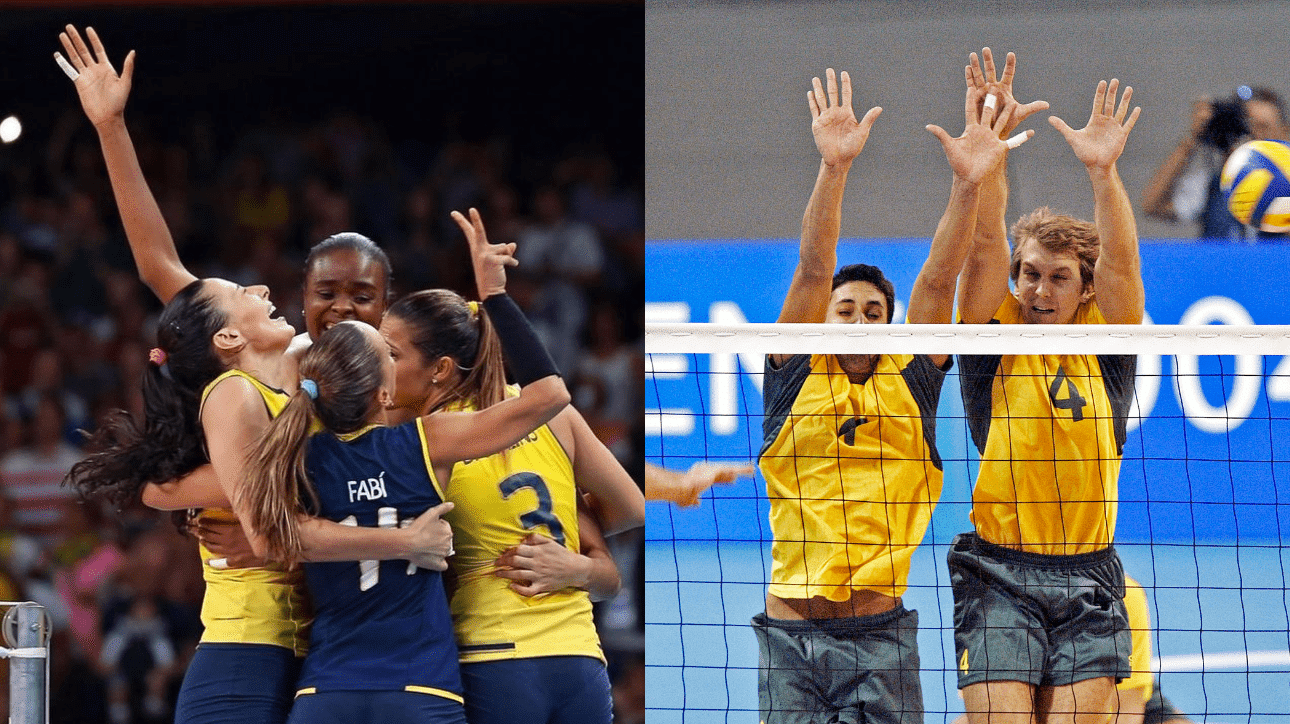 À esquerda, jogadoras da Seleção Brasileira feminina de vôlei comemorando ouro em Londres, 2012; à direita, jogadores da Seleção Brasileira masculina de vôlei em quadra durante Olimpíada de Atenas, em 2004 (foto: Reprodução Instagram; AP Photo/Morry Gash)