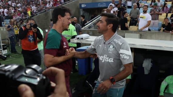 Abel Ferreira e Fernando Diniz se cumprimentando antes do duelo entre Fluminense x Palmeiras (foto: Cesar Greco/Palmeiras)