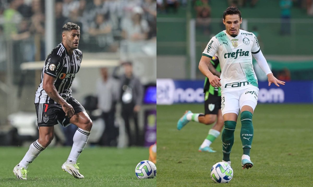 Hulk, do Atlético e Raphael Veiga, do Palmeiras (foto: Pedro Souza / Atlético---Cesar Greco/Palmeiras)