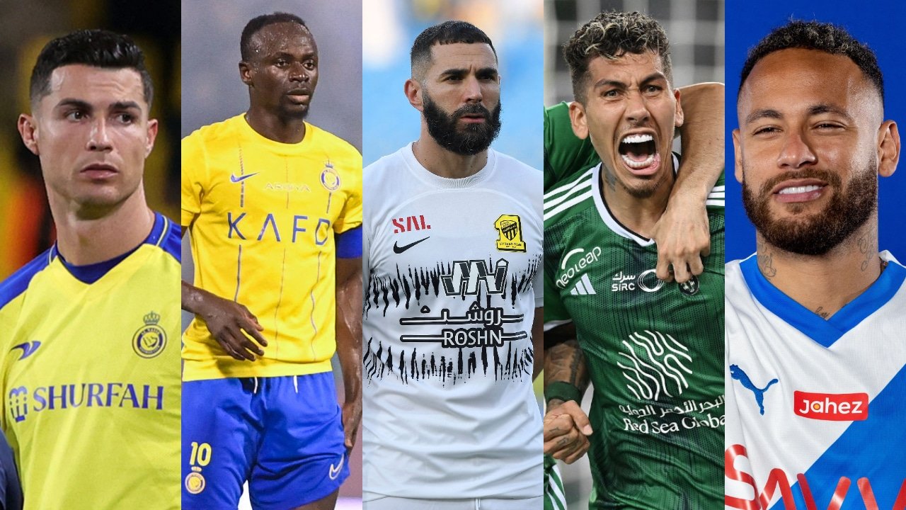 Cristiano Ronaldo, Mané, Benzema, Firmino e Neymar são alguns dos craques que estão jogando na Aárbia Saudita (foto: FAYEZ NURELDINE/AFP, ALHAJI/AFP, AFP, Reprodução/Instagram e SAUDI PRO LEAGUE / AFP)