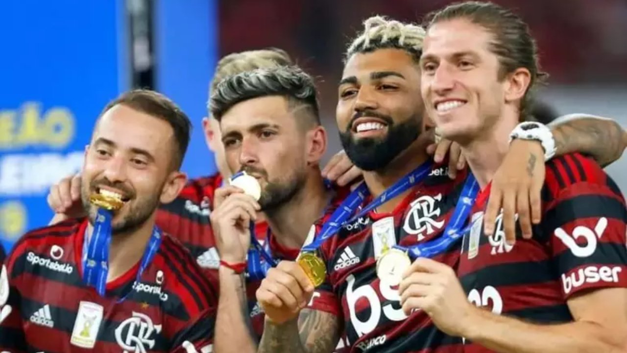 Everton Ribeiro, Arrascaeta, Gabigol e Filipe Luis, jogadores do Flamengo (foto: Divulgação/Flamengo)