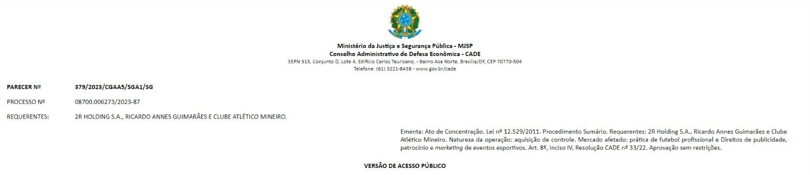 O documento do CADE que aprova o ato de concentração da SAF do Atlético - (foto: Reprodução/CADE)