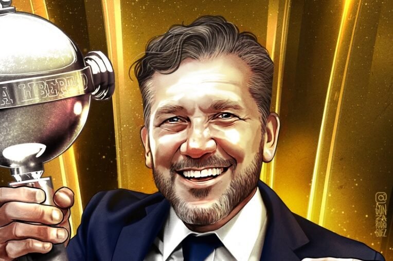 Presidente Alejandro Domínguez, da Conmebol, com a taça da Libertadores (desenho) (foto: Divulgação)