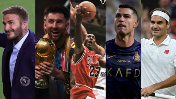 David Beckham, Lionel Messi, Michael Jordan, Cristiano Ronaldo e Roger Federes estão entre os atletas mais ricos da história (foto: MEGAN BRIGGS/AFP, ADRIAN DENNIS/AFP, JEFF HAYNES/AFP, FAYEZ NURELDINE/AFP e GLYN KIRK/AFP)