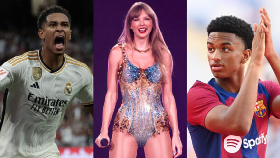 Jude Bellingham, meia do Real Madrid, Taylor Swift, cantora pop estadunidense, e Alejandro Balde, lateral-esquerdo do Barcelona (foto: THOMAS COEX/AFP, MICHAEL TRAN/AFP e PAU BARRENA/AFP)