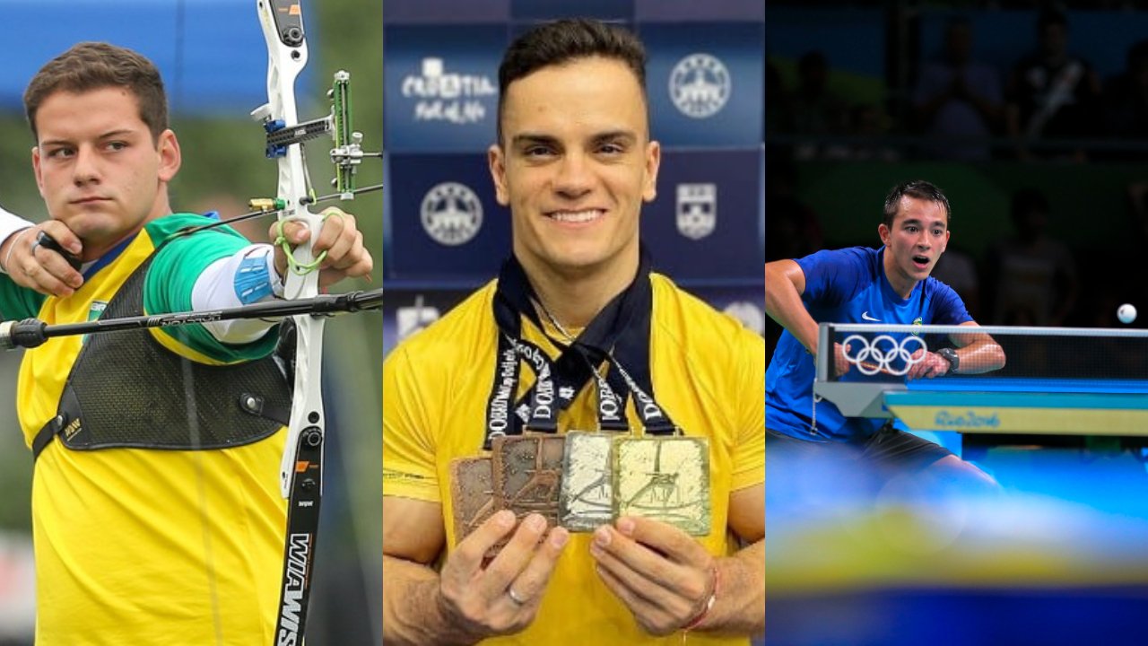Marcus D'Almeida, do tiro com arco; Caio Souza, da ginástica artística, e Hugo Calderano, do tênis de mesa (foto: Abelardo Mendes Jr/rededoesporte.gov.br, Divulgação/CBG e Danilo Borges /ME /Brasil2016)