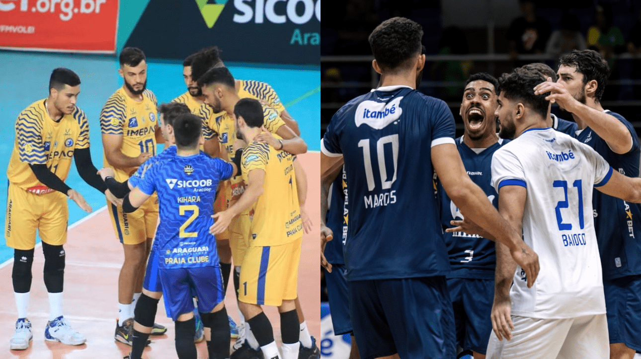 Jogadores de vôlei de Araguari e Minas (foto: Reprodução Instagram; Hedgard Moraes/Minas Tênis Clube)