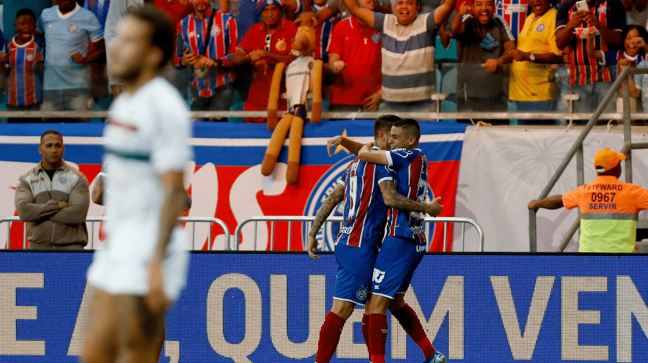 Jogadores do Bahia comemoram vitória diante do Fluminense pelo Brasileiro (foto: Felipe Oliveira/EC Bahia)