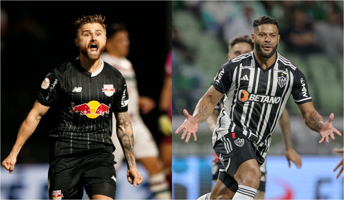 Eduardo Sasha, ex-Atlético e hoje no RB Bragantino, e Hulk, do Galo (foto: Ari Ferreira/Red Bull Bragantino e Pedro Souza/Atlético)