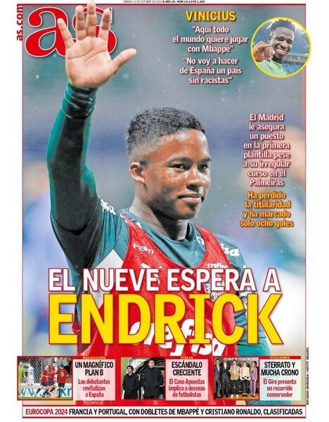Endrick na capa do jornal As - (foto: Foto: Reprodução/AS)