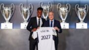 Vini Jr e o presidente do Real Madrid, Florentino Pérez (foto: Helios de la Rubia/Real Madrid)