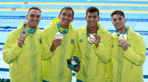 Murilo Sartori, Fernando Scheffer, Guilherme Costa e Breno Correia conquistaram ouro no revezamento 4x200m e quebraram recorde Pan-Americano - Crédito: 