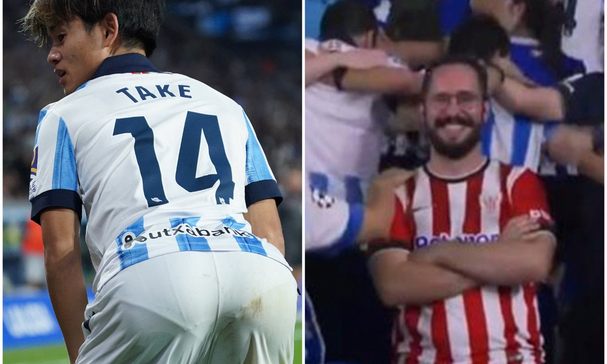 Kubo em dança da bundinha e torcedor solitário do Bilbão (foto: CESAR MANSO / AFP)