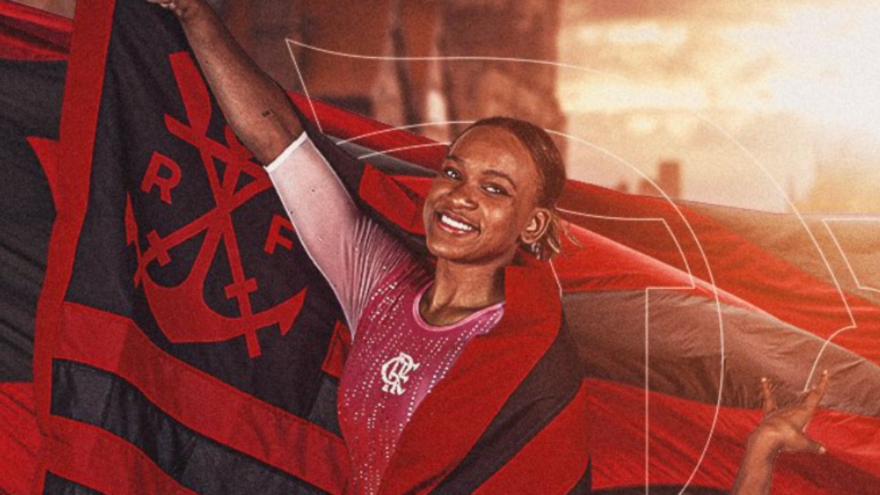 Rebeca Andrade com a bandeira do Flamengo em arte de divulgação feita pelo clube (foto: Divulgação/Time Flamengo)