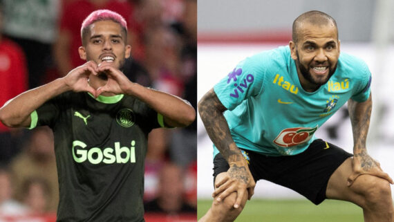 Yan Couto, lateral do Girona e da Seleção Brasileira, foi criticado após fala em que elege Daniel Alves como o maior ídolo (foto: JORGE GUERRERO/AFP e CHARLY TRIBALLEAU/AFP )