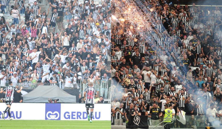 Torcida do Atlético na Arena MRV e no Mineirão (foto: Montagem com imagens de Alexandre Guzanshe/EM/D.A Press)