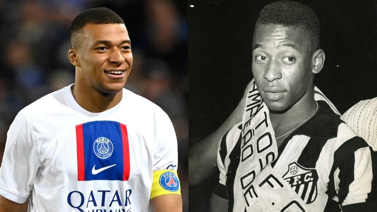 Kyllian Mbappé, atacante do PSG, e Pelé, ex-atacante do Santos (foto: Jean-Christophe Verhaegen/AFP e Ronaldo Moraes/O Cruzeiro/Arquivo Estado de Minas)