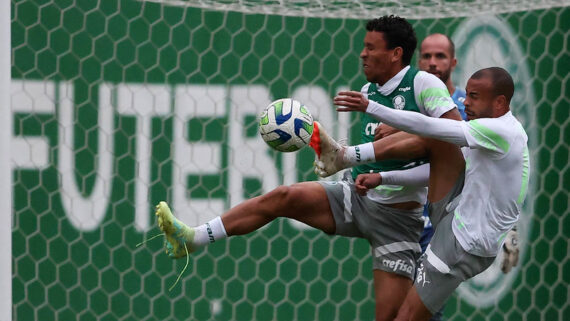 Marcos Rocha e Mayke disputam bola em treino do Palmeiras (foto: Cesar Greco/Palmeiras)