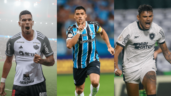 Paulinho, do Atlético, Suárez, do Grêmio, e Tiquinho, do Botafogo (foto: Pedro Souza/Atlético; Lucas Uebel/Grêmio; Vítor Silva/Botafogo
)
