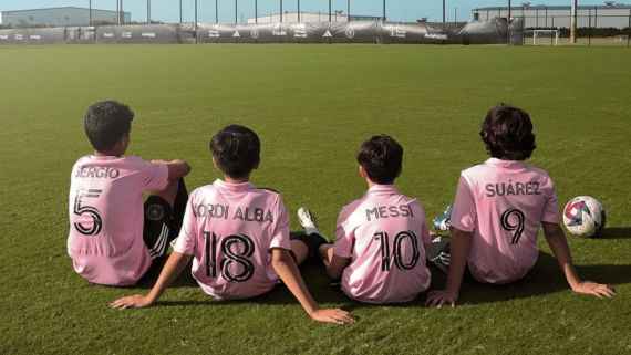 Crianças com camisetas de Suárez, Messi, Jordi Alba e Busquets, do Inter Miami (foto: Divulgação/Inter Miami)