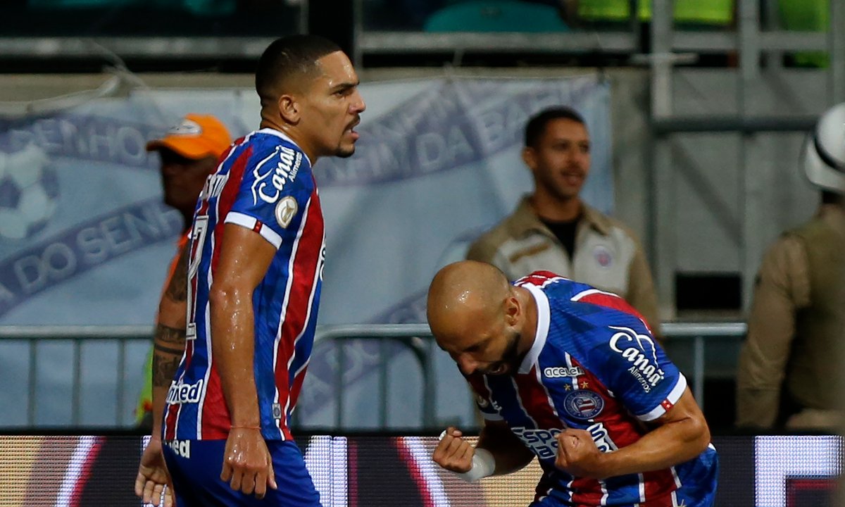 Jogadores do Bahia comemoram gol contra o Atlético (foto: Felipe Oliveira/EC Bahia)