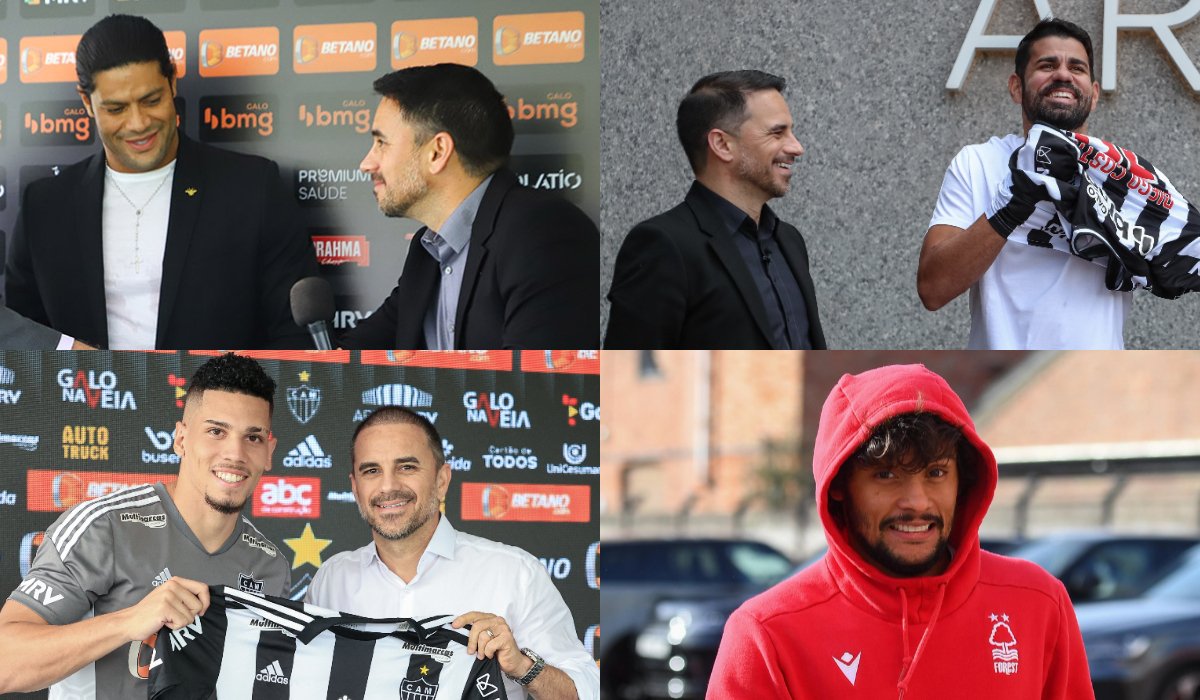 Contratações de Rodrigo Caetano no Atlético; Scarpa deve ser o próximo (foto: Montagem com imagens de Pedro Souza/Atlético (3) e Reprodução)