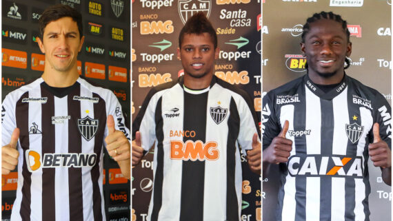 Nacho, André e Chará durante apresentações no Atlético (foto: Pedro Souza/Atlético e Bruno Cantini/Atlético)