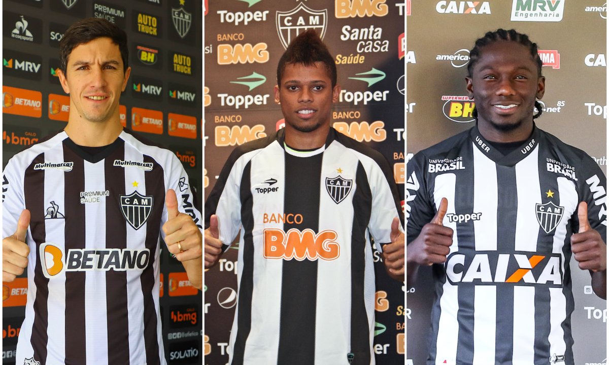 Nacho, André e Chará durante apresentações no Atlético (foto: Pedro Souza/Atlético e Bruno Cantini/Atlético)