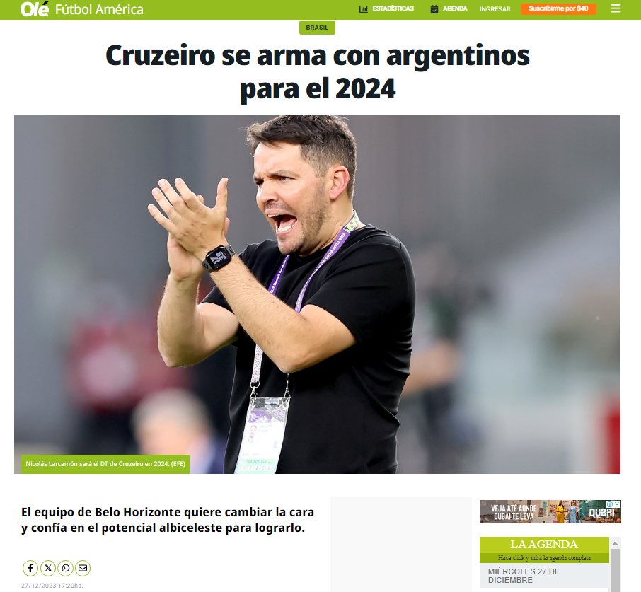 Matéria do jornal Olé sobre o Cruzeiro - (foto: Reprodução)