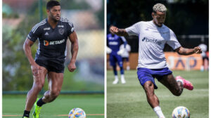 Hulk, do Atlético, e Matheus Pereira, do Cruzeiro, durante treinamento na pré-temporada de 2024 - Crédito: 