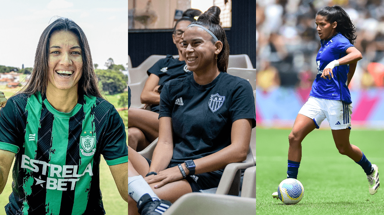 Jogadoras de América, Atlético e Cruzeiro (foto: Mourão Panda/América; Carol Teixeira/Atlético; e Mauro Horita)