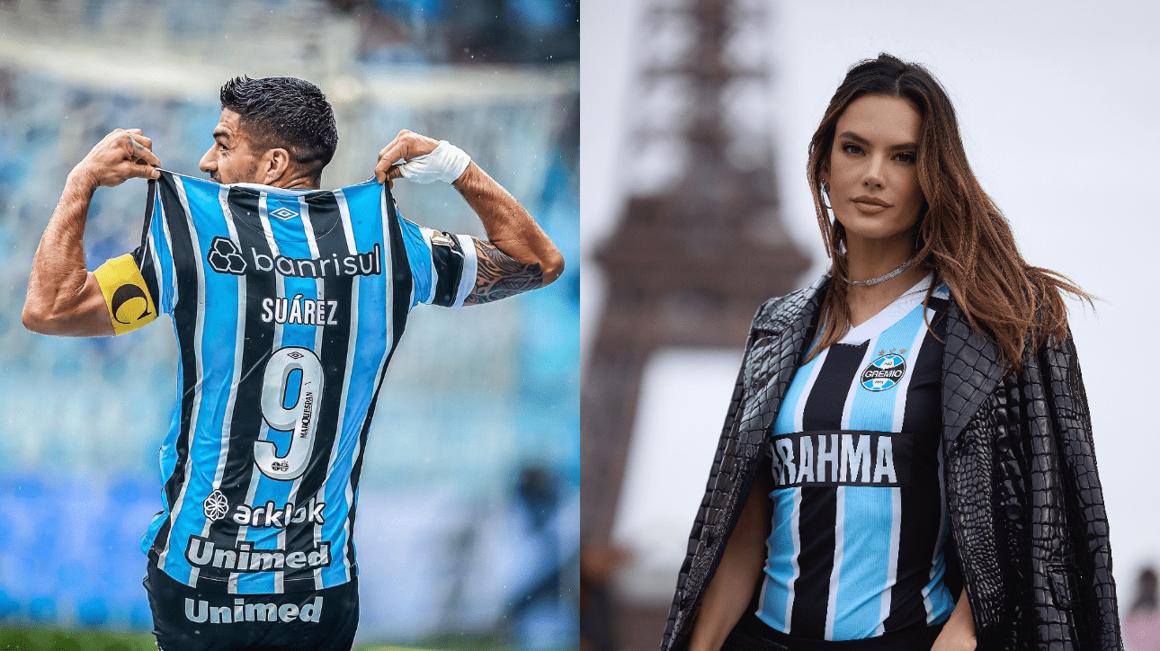 Atacante Luis Suárez e modelo Alessandra AMbrósio (foto: Reprodução Instagram; Divulgação Brahma)