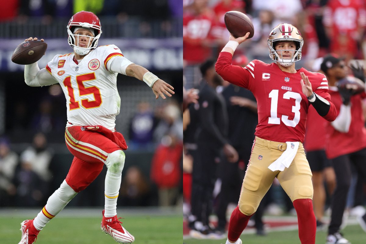 Patrick Mahomes e Brock Purdy (foto: Patrick Smith / AFP e Ezra Shaw / AFP)