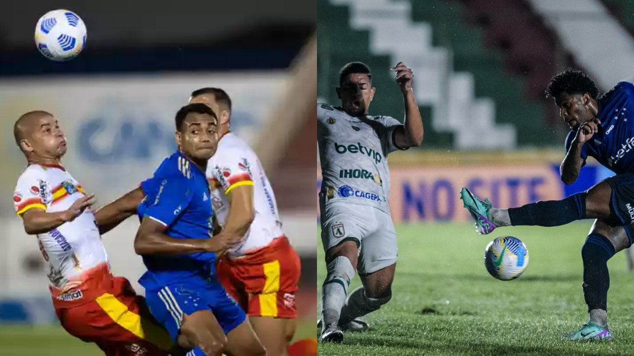 Cruzeiro foi eliminado pelo Juazeirense (à esquerda) em 2021 e pelo Sousa (à direita) em 2024 (foto: Bruno Haddad e Gustavo Aleixo / Cruzeiro)
