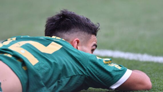 Flaco López caído no chão durante Palmeiras x São Paulo (foto: Alexandre Guzanshe/EM/D.A Press)