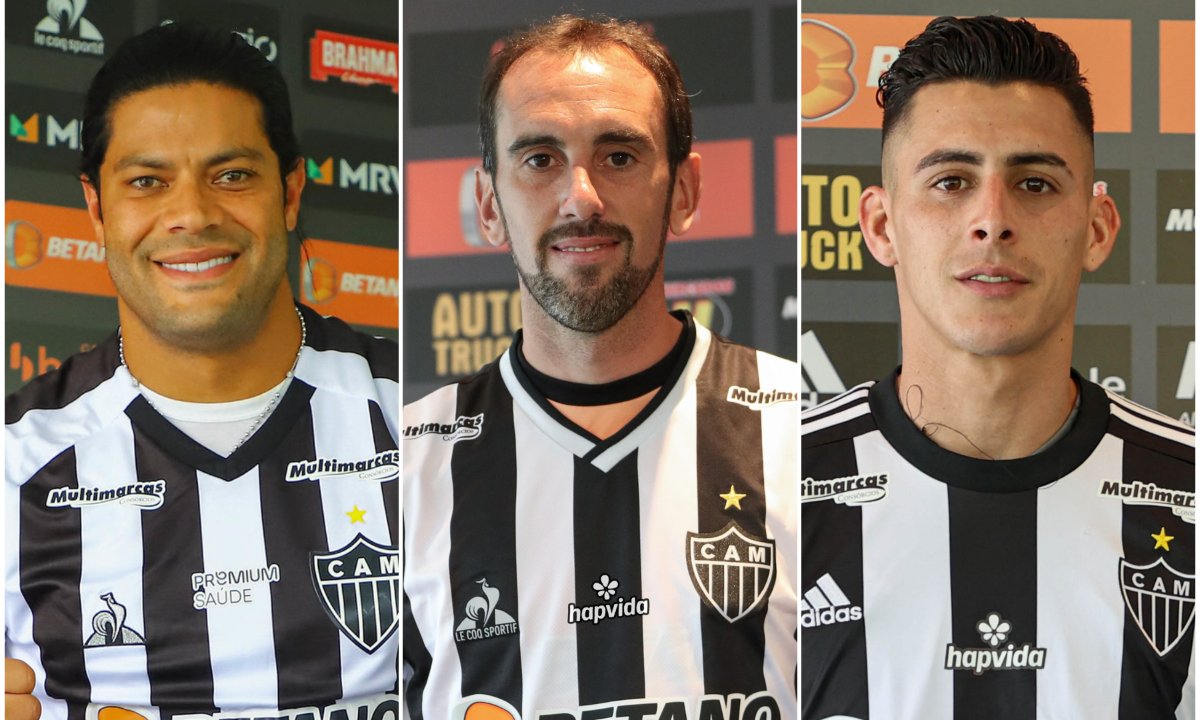 Hulk, Godin e Pavón durante apresentação no Atlético (foto: Pedro Souza/Atlético)