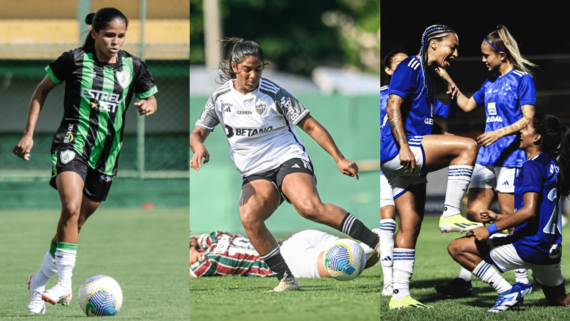 Jogadoras de América, Atlético e Cruzeiro no Brasileiro Feminino (foto: Manu Aguiar/BH Foto; Nayra Halm/Staff Images Woman/CBF; Gustavo Martins/ Cruzeiro)