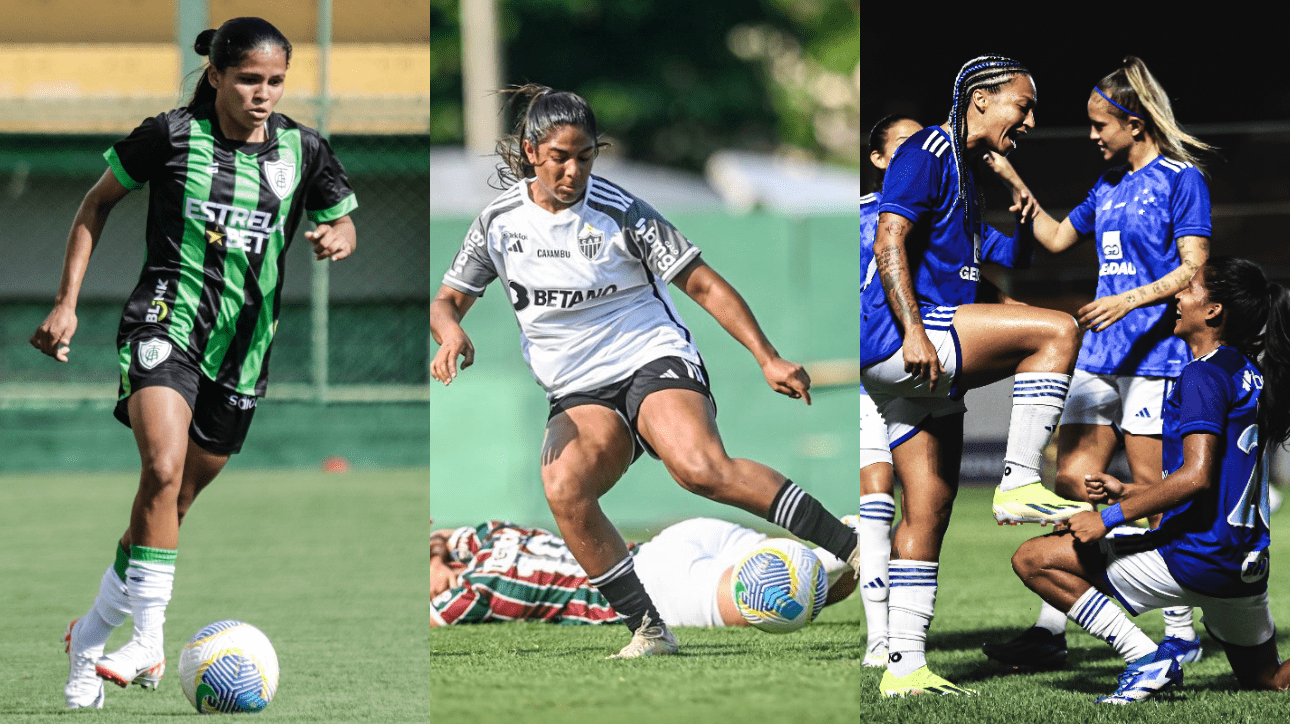 Jogadoras de América, Atlético e Cruzeiro no Brasileiro Feminino (foto: Manu Aguiar/BH Foto; Nayra Halm/Staff Images Woman/CBF; Gustavo Martins/ Cruzeiro)
