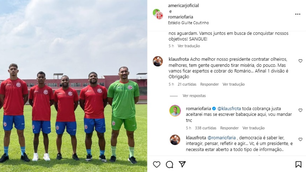 Post do America-RJ com comentário de Romário - (foto: Reprodução/Instagram)