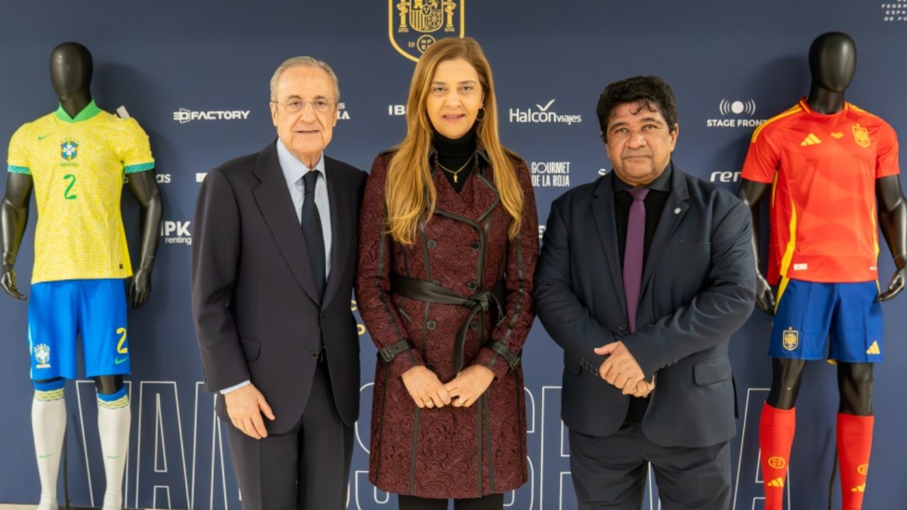 Antes do jogo, Florentino Pérez se encontrou com Leila Pereira e Ednaldo Rodrigues (foto: Lesley Ribeiro/CBF)