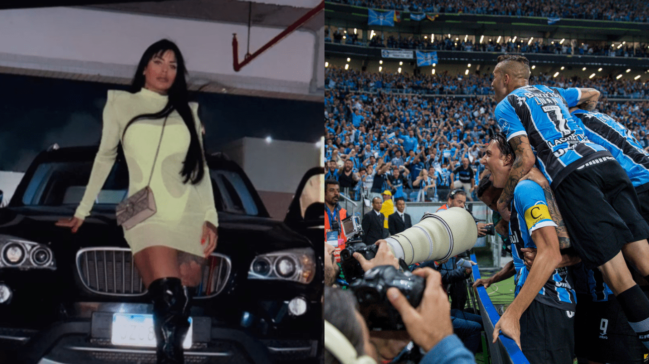 Jéssica Amorim; Luan comemorando gol do Grêmio na Libertadores 2017 (foto: Reprodução/Instagram; Lucas Uebel/Grêmio FBPA)