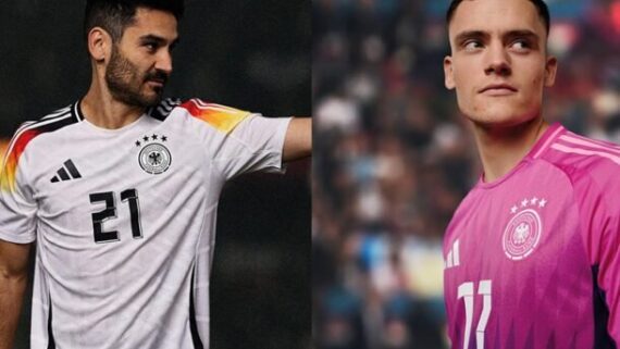 Montagem mostra jogadores vestidos com a camisa da Seleção da Alemanha (foto: Adidas/Divulgação)