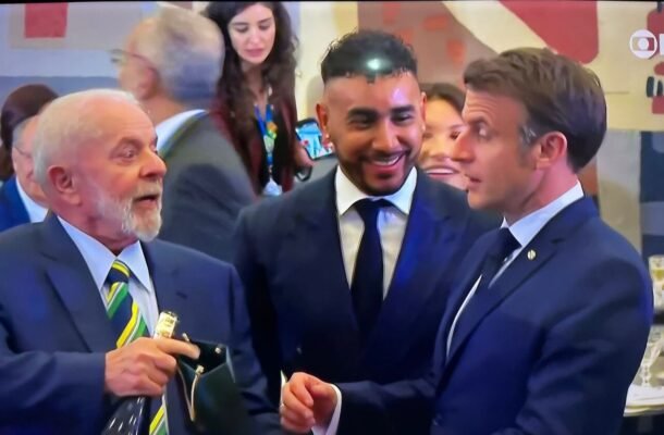 Lula, Payet e Macron - (foto:  Reprodução / GloboNews)