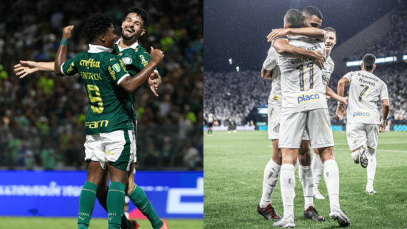 Jogadores de Palmeiras à esquerda; e Santos à direita (foto: Fabio Menotti/Palmeiras; Raul Baretta/Santos)