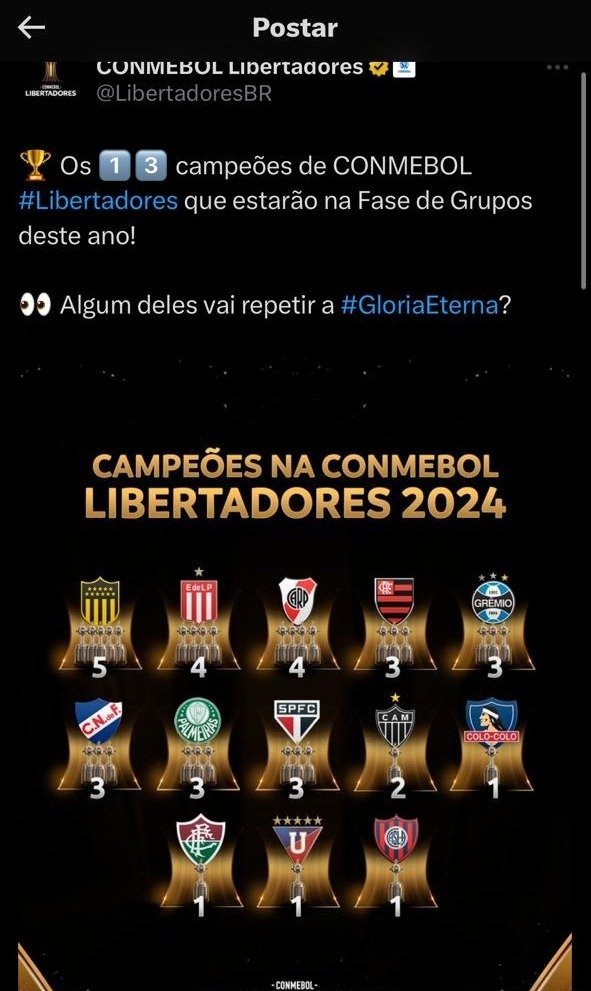 Print da postagem feita pelo perfil oficial da Libertadores com erro na contagem de títulos do Atlético (foto: Redes sociais/Reprodução)