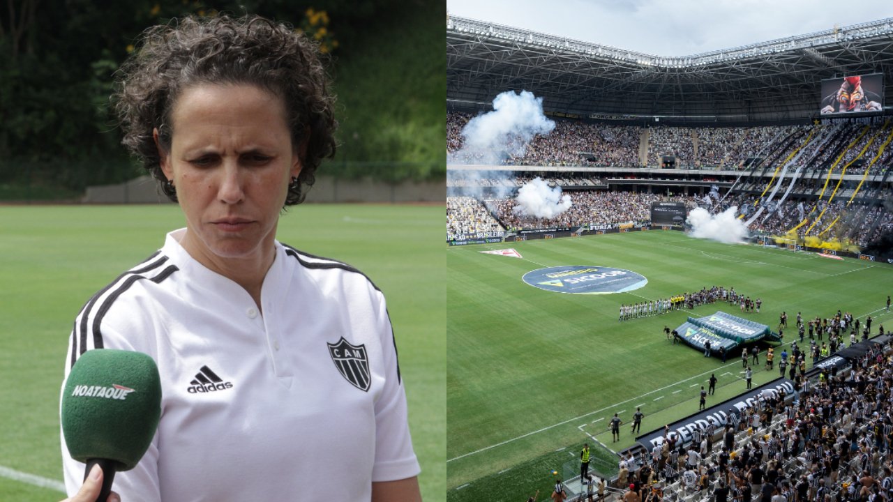 Januária Salles, coordenadora técnica do futebol feminino do Atlético, respondeu sobre a possibilidade das Vingadoras jogarem na Arena MRV em 2024 (foto: Edesio Ferreira/EM/D.A Press e Daniela Veiga/Atlético)